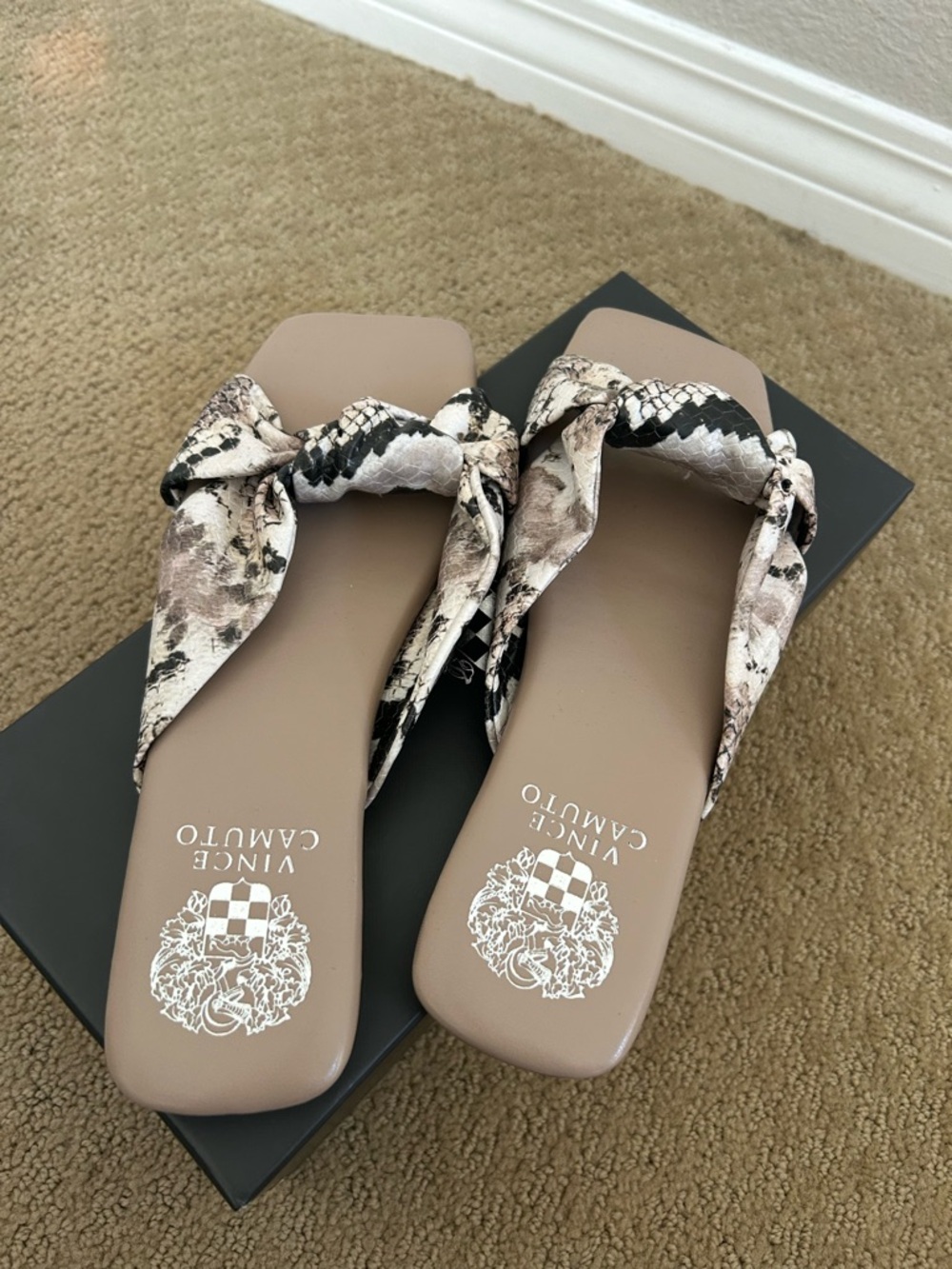 Vince Camuto Snake-Print Knot Slide Sandals in Taupe and Black